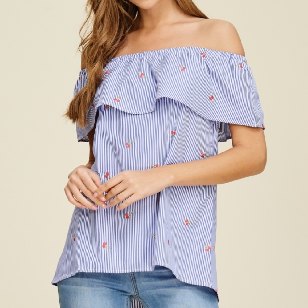 Blue + White | Off The Shoulder Striped Top